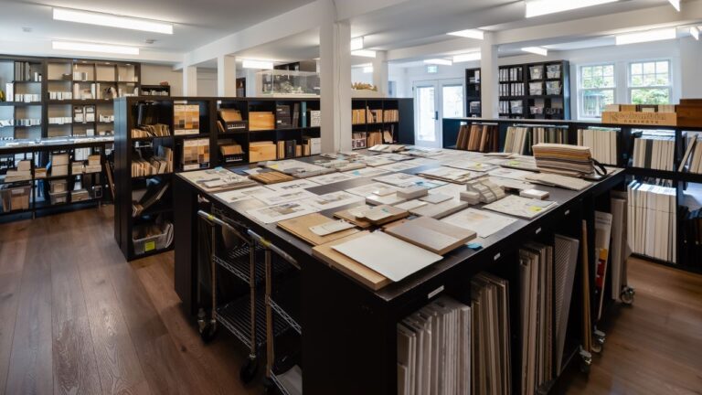 A large table full of design materials and samples for the design process.