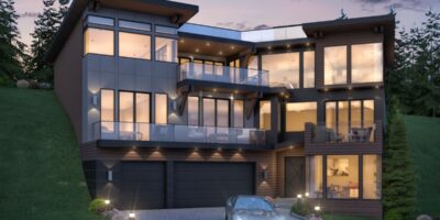 Rendering of a large 3-storey home featuring floor-to-ceiling windows and two-car garage.
