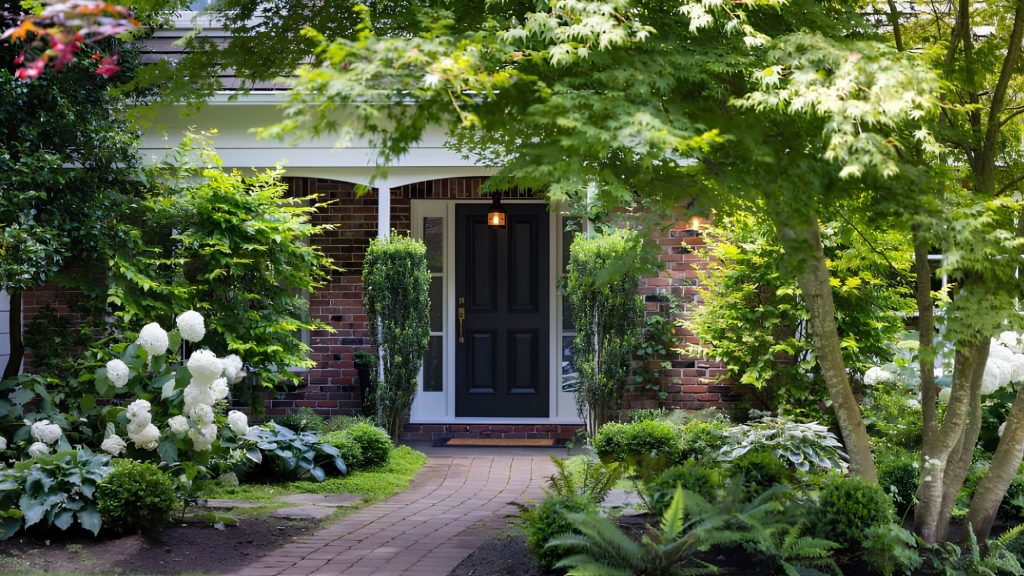 Traditional custom home with a black front door, brick exterior, mature maple trees, white hydrangeas, and lush front garden landscaping.